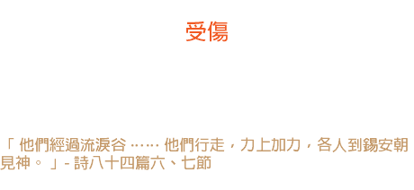 十一日 受傷 一個少女對她的琴師說：練習彈琴，使手指受傷。琴師回答說：「是的，它使手指受傷，但也使手指加了力量。」神也不浪費子女的痛苦。 「 他們經過流淚谷 …… 他們行走，力上加力，各人到錫安朝見神。 」- 詩八十四篇六、七節 